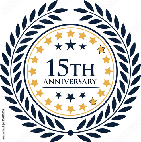 Elegant 15th Anniversary Celebration Badge with Laurel Wreath and Gold Stars on White.