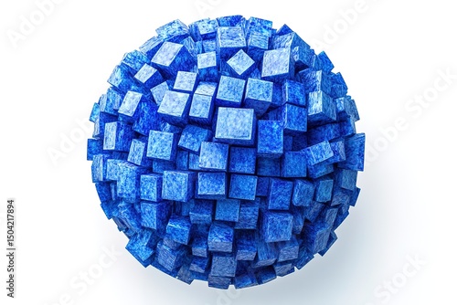 A mesmerizing sphere is constructed with varied blue textured cubes in an artistic arrangement
