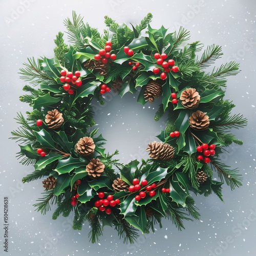 Traditional Christmas Wreath with Holly, Pine Cones, and Red Berries
