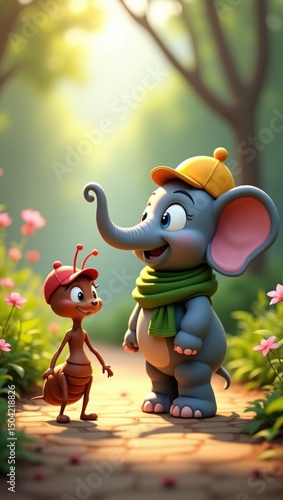 Friendly ant and elephant on a garden path.
