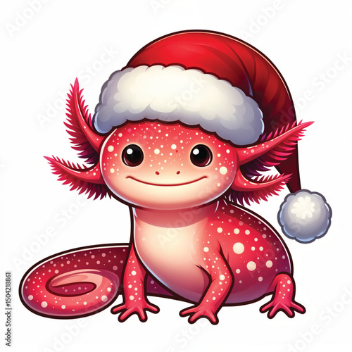 Cute Christmas Axolotl Santa Hat cartoon Vector Illustration