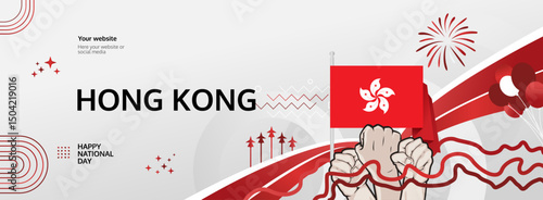 Hong Kong National Day modern greeting banner. 1 October Happy Celebrate. Festive horizontal template background with flag colors, great for carnival poster, tourism campaign, holiday flash sale