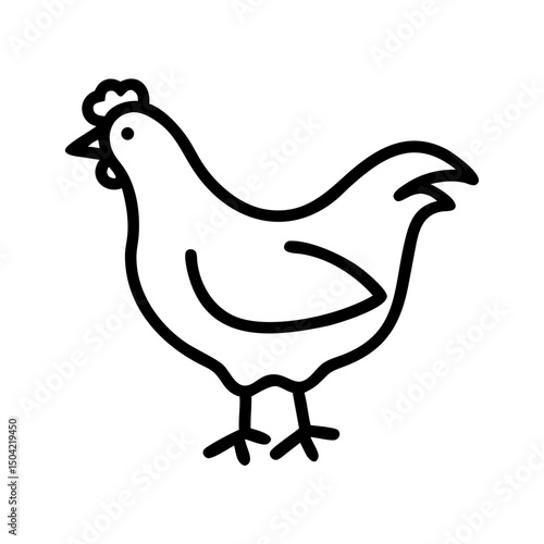 Line art illustration of a chicken standing on a white background  