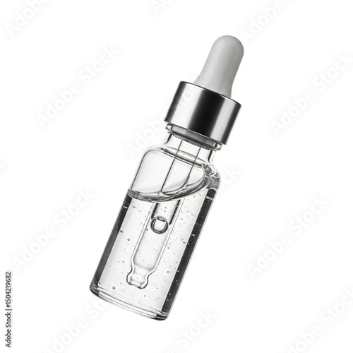 Glass vial of clear serum with dropper inside isolated on transparent background