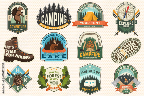 Set of hiking outdoor adventure emblems, patch. Hiking related typographic quote. Design hiker bear with backpack, mountain, hiking poles, hiking boot, mug, compass, and pine cone.