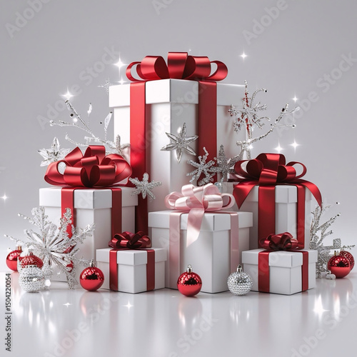 Elegant Christmas Gift Boxes with Red Ribbons and Silver Decorations