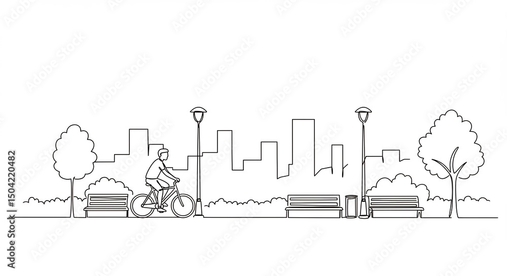 Obraz premium Person Riding Bicycle in City Park Line Art Illustration