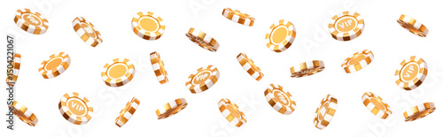 3d flying golden casino poker chips with different angles. Gold and white chips for betting and gambling games. Stock vector illustration on isolated background.	