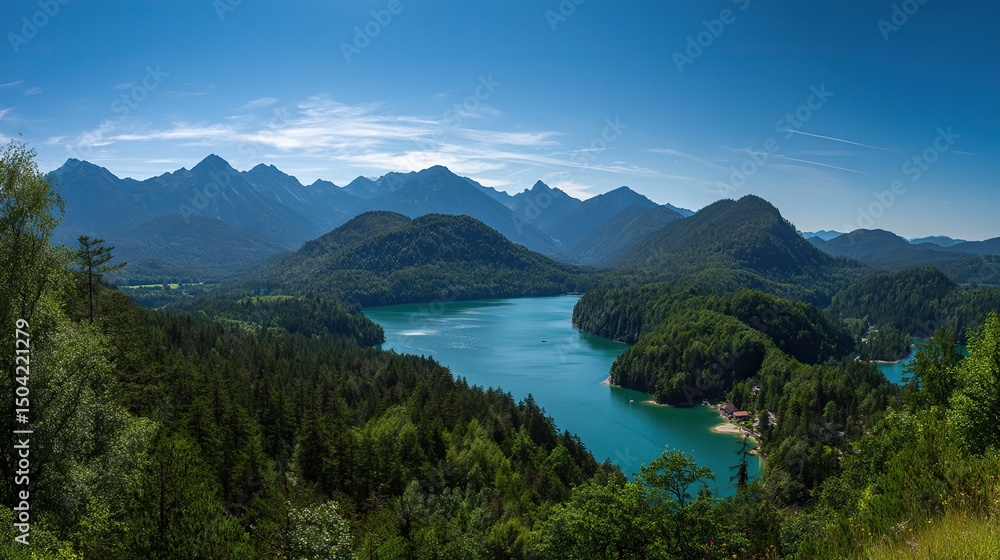 The lake scenery is green, the mountains are blue and cloudy, and the blue sky is white clouds. The poster art style and details capture the bird's-eye view and natural beauty of the ground. The lake scenery is green, the mountains are blue and cloudy, and the blue sky is white clouds. The poster art style and details capture the bird's-eye view and natural beauty of the ground.