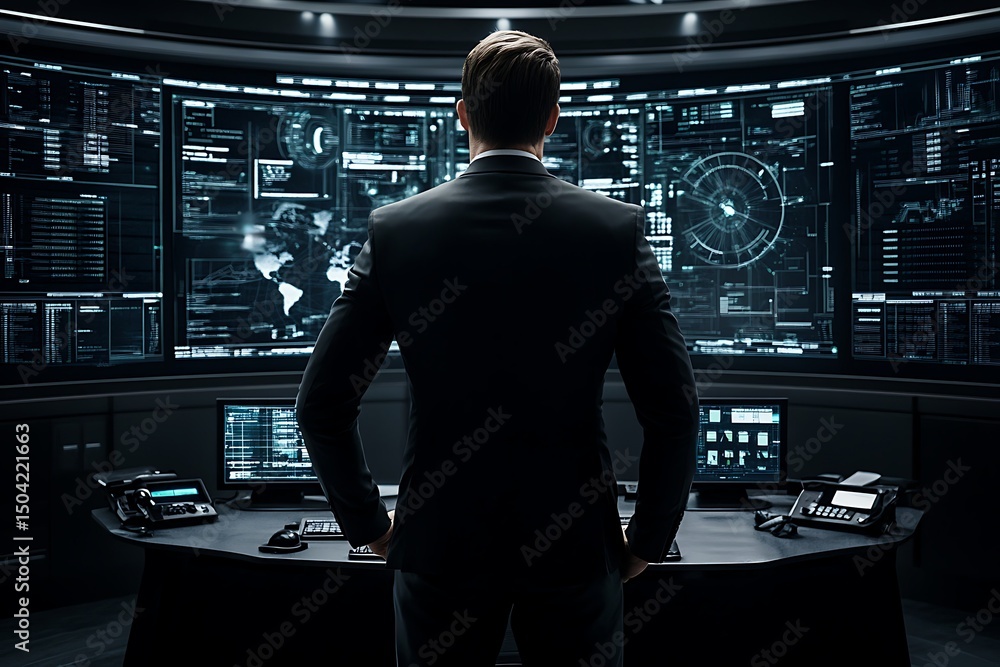 Fototapeta premium Man Overseeing High-Tech Command Center with Multiple Digital Screens Displaying Data in a Corporate Environment