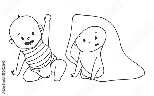 Black and white doodle illustration of two newborn babies, one wrapped in a blanket and one sitting in a diaper. Minimalist hand drawn characters isolated on white background.