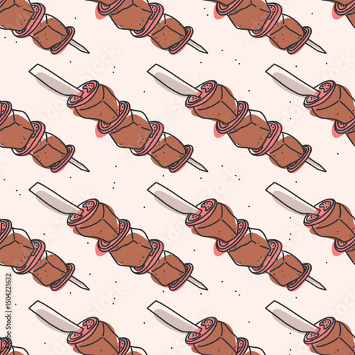 Line art doodle of Turkish shashlik with meat and tomatoes on skewer. Hand drawn sketch of traditional shish kebab. Vector seamless pattern for food design