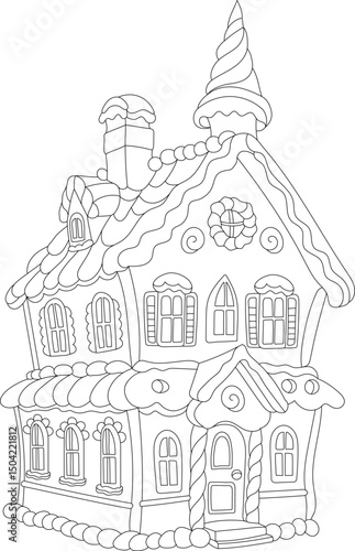gingerbread house vector coloring book, christmas image, for relaxation and antistress, children's coloring new year, house of sweets contours