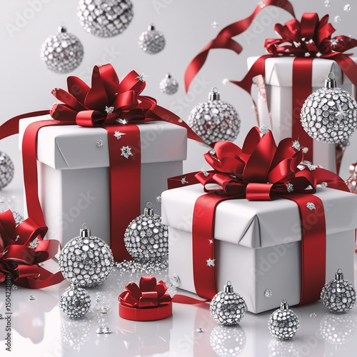 Luxury Christmas Gifts with Red Ribbons and Sparkling Silver Ornaments