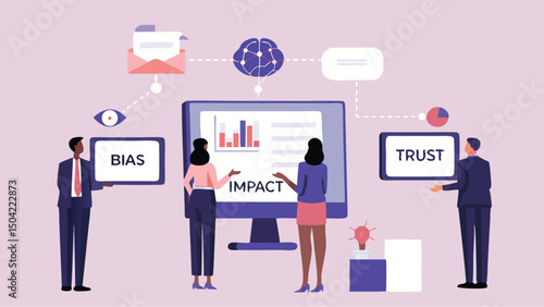 Business team analyzing data on a computer screen with bias impact and trust displayed on boards held up