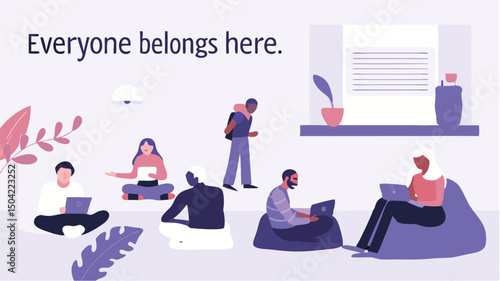 Illustration showing diverse people working and relaxing in a welcoming and inclusive environment design