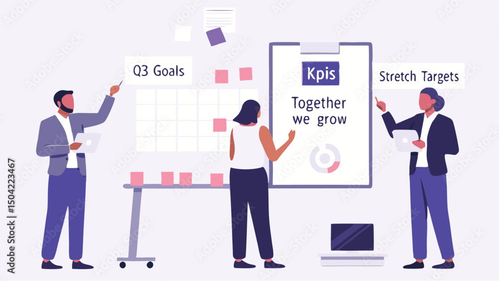 Illustration of a business meeting with a whiteboard and three people in a bright and modern office space Illustration of a business meeting with a whiteboard and three people in a bright and modern office space