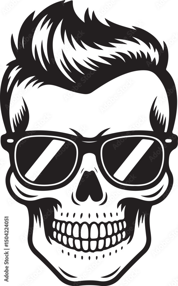 Fototapeta premium Cool Skull silhouette with Sunglasses and Pompadour Hairstyle – Retro Rockabilly Vector Art | Skull Illustration Featuring Sunglasses and Stylized Hair Design