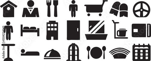 Hotel and Hospitality Service Icon Set in Black Line Art