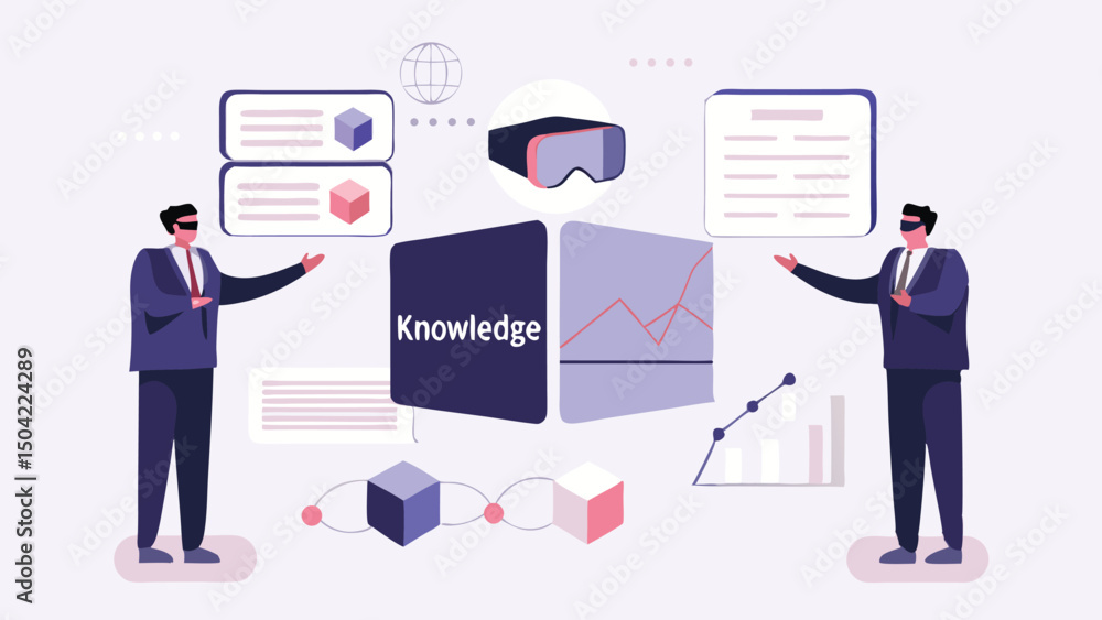 Two men presenting knowledge cube with vr headset and data charts in a modern abstract illustration Two men presenting knowledge cube with vr headset and data charts in a modern abstract illustration