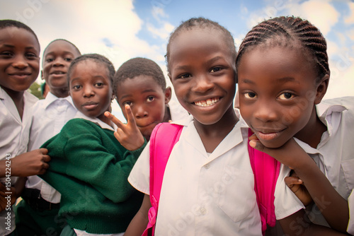 Real photo of happy black African kids in school uniforms, smiling and enjoying a break. A positive image of youth, education, diversity, and community spirit.