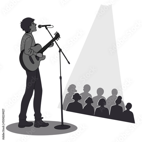 Solid black silhouette of a guitarist strumming, vector EPS