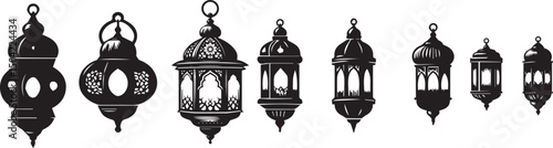 Black ramadan lanterns. Fanous line lantern, arabic lamps silhouettes vintage egyptian moroccan dubai eastern lamp for islamic mosque or arabian lighting, neat vector illustration