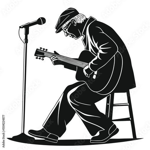 Solid black silhouette of a guitarist strumming, vector EPS