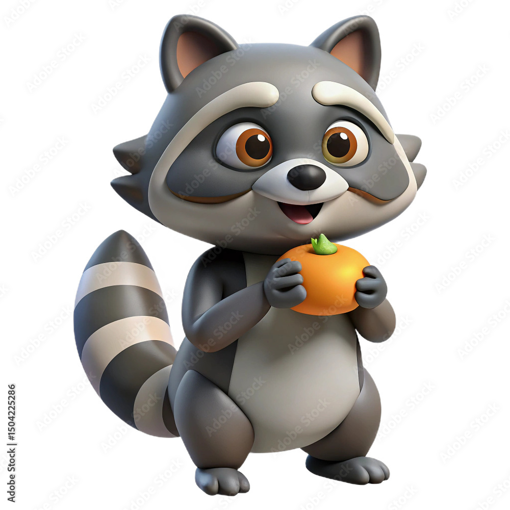 Fototapeta premium Cute 3D Cartoon Raccoon Holding Fruit - Adorable Forest Animal Character