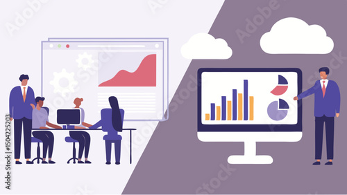 Illustration showing business meeting with data charts and graphs on computer screens and cloud shapes