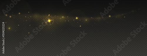 Golden horizontal wave dust trail with stars, scattering glitter, shimmering particles on dark background. Vector illustration.