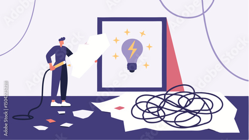 A man spraying a lightbulb painting with a hose surrounded by tangled wires and paper scraps on floor