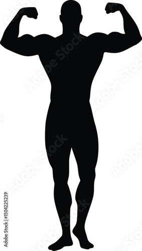 Black silhouette of a muscular male bodybuilder posing to highlight strength, muscles, and athletic physique for fitness themes