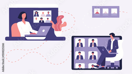 Illustration of online meetings and remote work with people on screens and laptops in a virtual space