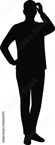 Black silhouette of a puzzled person scratching their head in a thoughtful standing pose, symbolizing confusion or uncertainty

