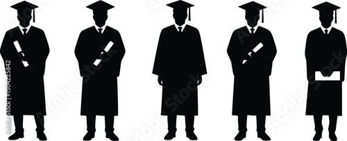 Silhouettes of five graduates in caps and gowns with diplomas symbolizing achievement and commencement