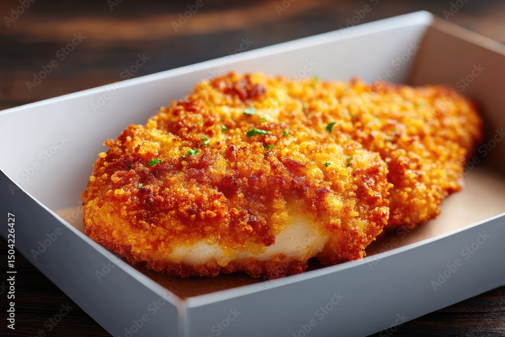 Crispy breaded food item in a takeout container. Crispy breaded food item in a takeout container.