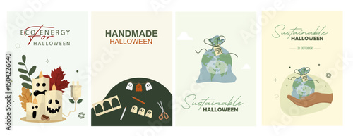 Sustainable Halloween design set featuring eco-energy messaging, handmade crafts, earth-themed decorations, and DIY Halloween elements. Flat style. Eco-conscious halloween. Vector illustration