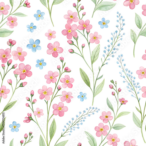 Wallpaper Mural Hand-painted watercolor floral pattern featuring soft pink forget-me-not flowers and greenery. Ideal for eco branding, wedding stationery, packaging, textiles, and romantic spring themes. Torontodigital.ca