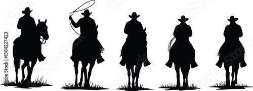 Western cowboy silhouettes on horseback in a dynamic lineup, capturing action and frontier spirit for vintage designs

