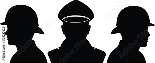 Silhouette illustration of three military soldiers in uniform and helmets, ideal for army, defense, or patriotic design concepts

