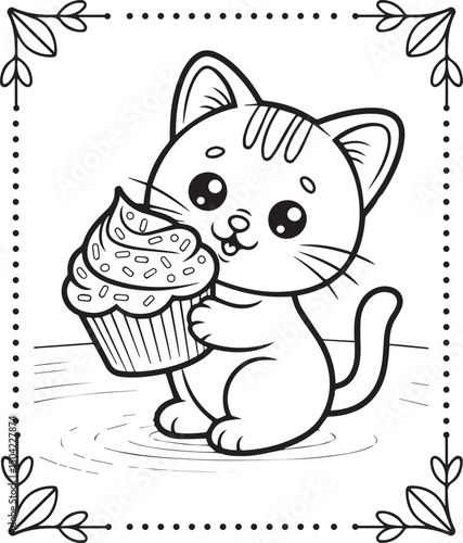 Cute cartoon adorable cat with cupcake coloring pages for kids, vector outline illustration for children book design