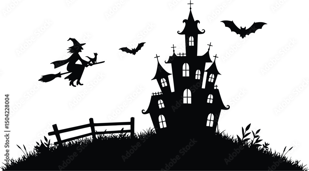 Obraz premium Silhouette illustration of a haunted house with a flying witch and bats, perfect for spooky halloween decorations and artwork