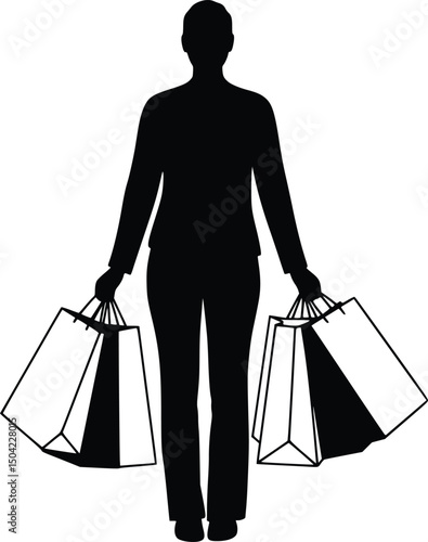 Silhouette illustration of a stylish woman holding shopping bags, ideal for retail and fashion commerce 