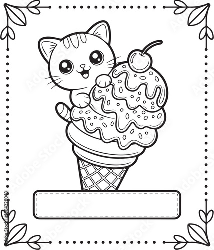 Cute cartoon adorable cat with ice cream coloring pages for kids, vector outline illustration for children book design