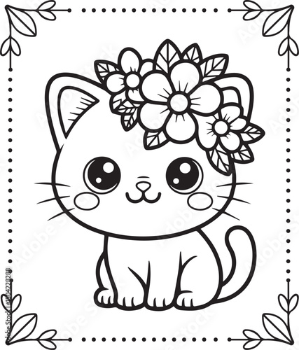 Cute cartoon adorable cat with flowers coloring pages for kids, vector outline illustration for children book design