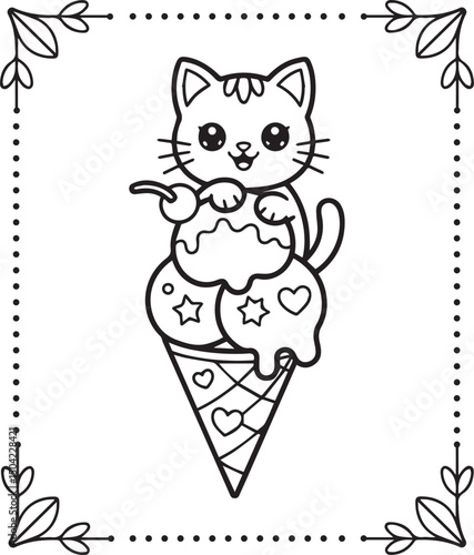 Cute cartoon adorable cat with ice cream coloring pages for kids, vector outline illustration for children book design