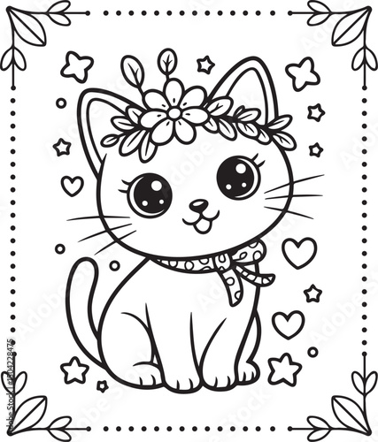 Cute cartoon adorable cat with flowers coloring pages for kids, vector outline illustration for children book design