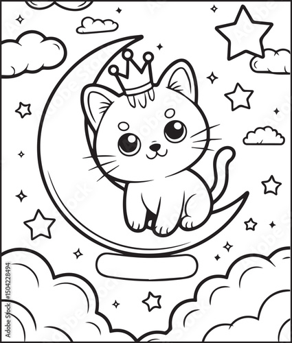 Cute cartoon adorable cat on moon coloring pages for kids, vector outline illustration for children book design
