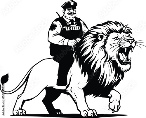 Illustration of a police officer mounted on a roaring lion representing law enforcement power, strength, and fearless authority

